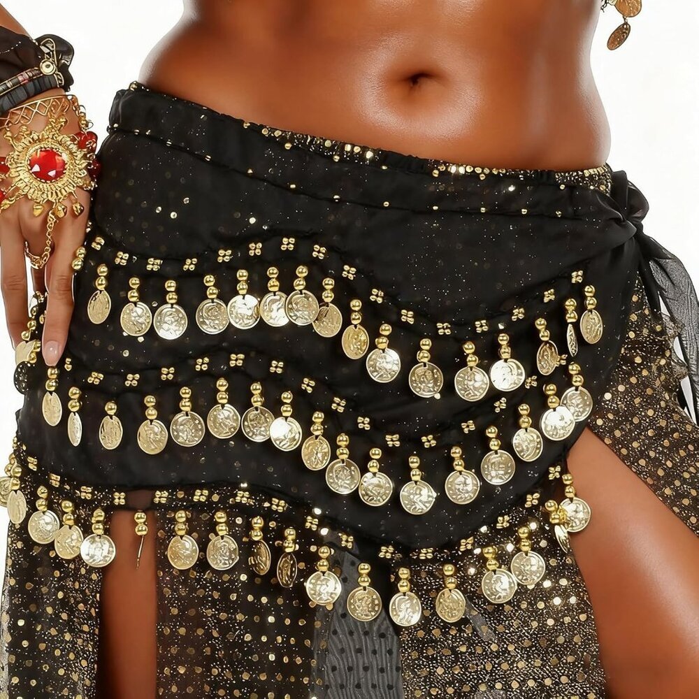 Women's Belly Dance Hip Scarf with 128 Gold Coins Black Skirt for Zumba or Yoga